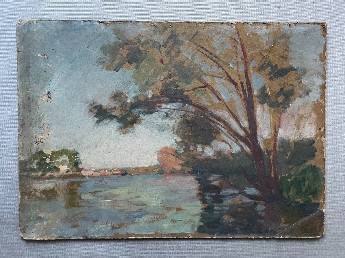 Albert Dagnaux, Paysage De Rivière, Huile Sur Carton à Restaurer -photo-2