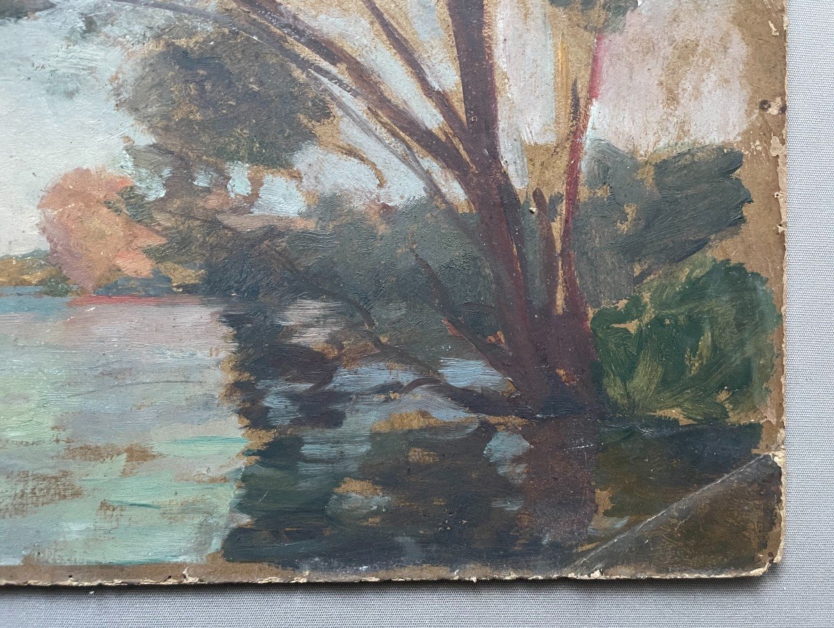 Albert Dagnaux, Paysage De Rivière, Huile Sur Carton à Restaurer -photo-1