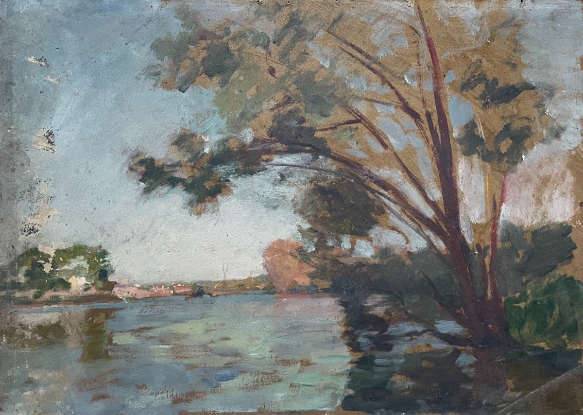 Albert Dagnaux, Paysage De Rivière, Huile Sur Carton à Restaurer 