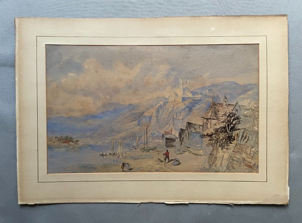  Animated Lake Landscape, Watercolor Late 19th Century-photo-2