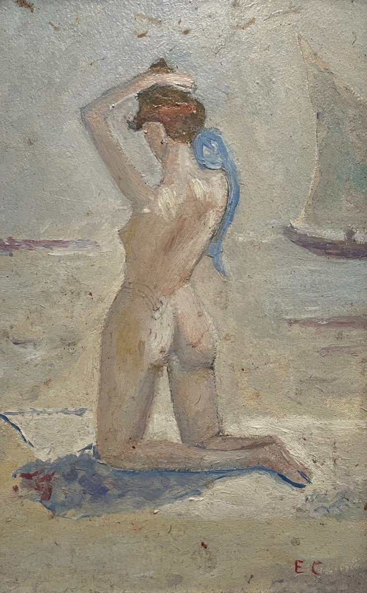 Saint Tropez, Femme Nue à La Plage, Monogramme Ec-photo-2