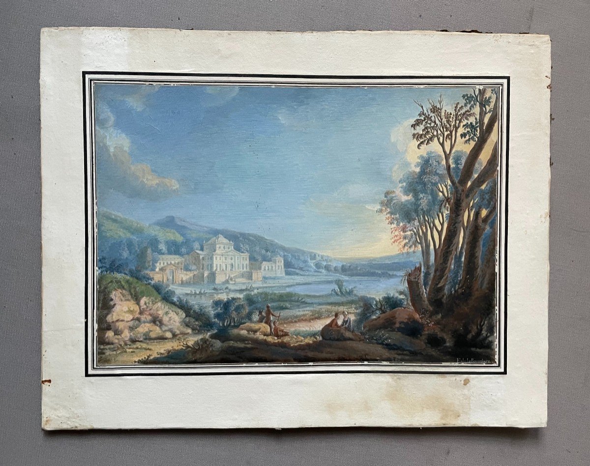 Animated Lake Landscape, Gouache Early 19th Century, Signature To Identify-photo-2