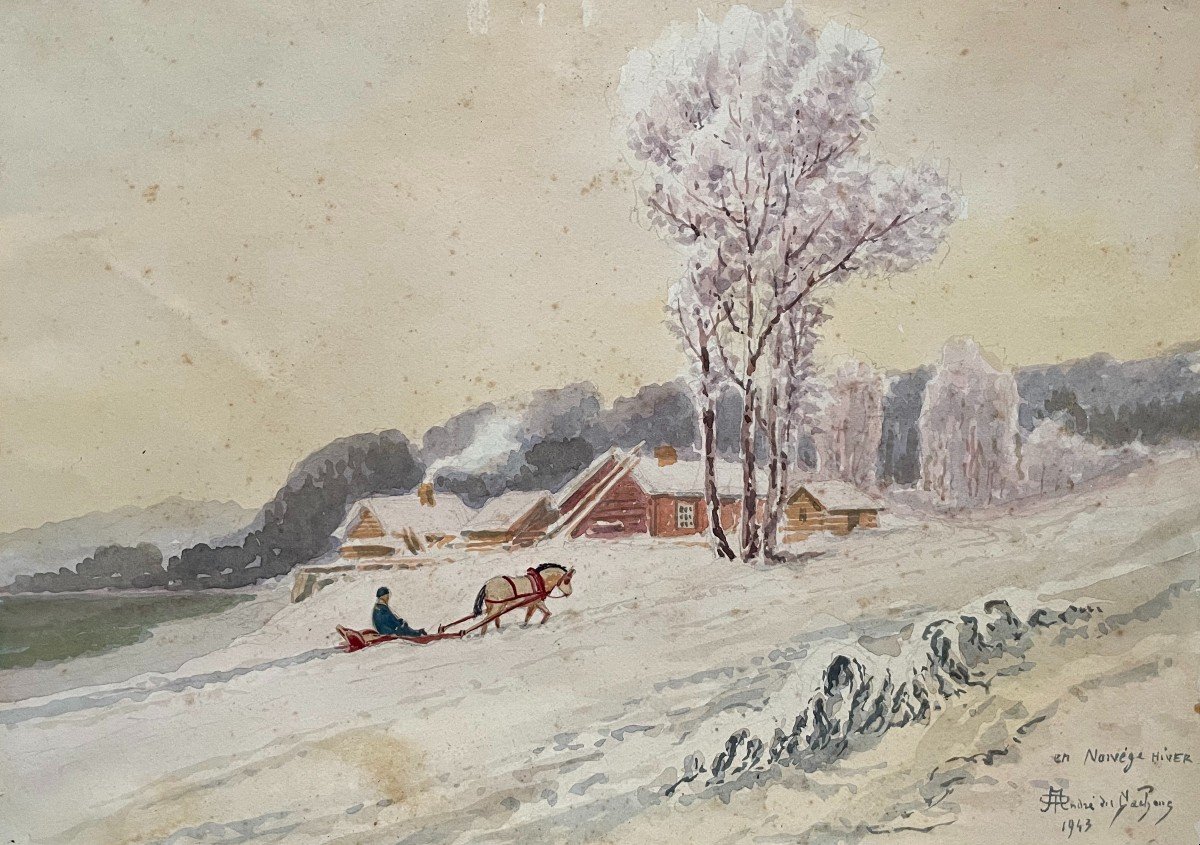 André Des Gachons, En Norvège, Hiver, Aquarelle