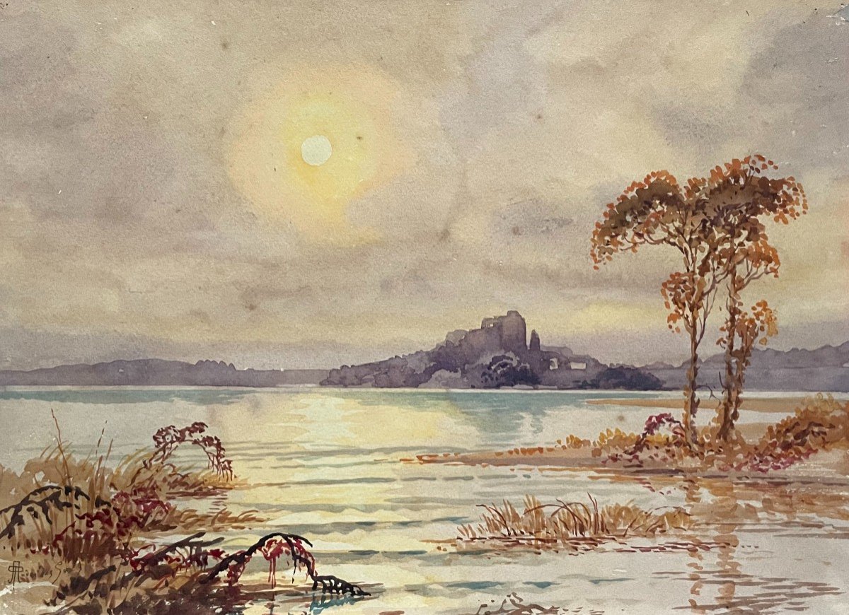 André Des Gachons, Banks At Sunset, Watercolor 