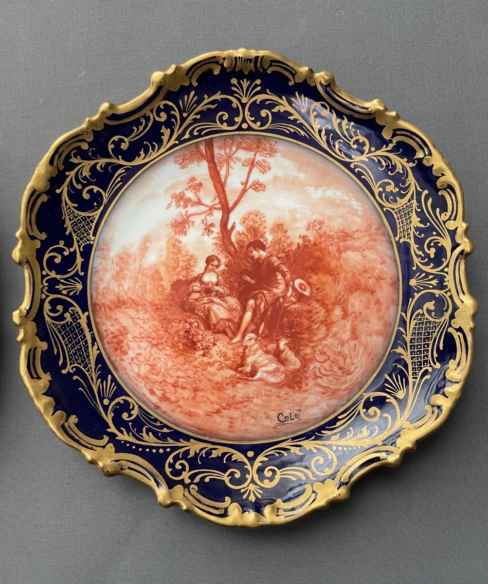 Limoges, Two Plates Signed Colot, Decorated With A Couple Of Shepherds-photo-4