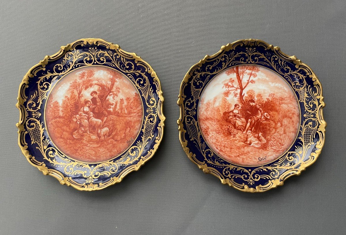 Limoges, Two Plates Signed Colot, Decorated With A Couple Of Shepherds