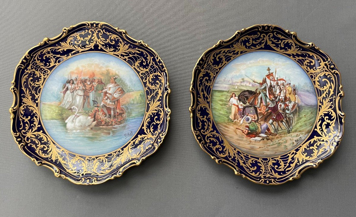 Limoges, Two Plates Signed Colot, Medieval Scene Decor