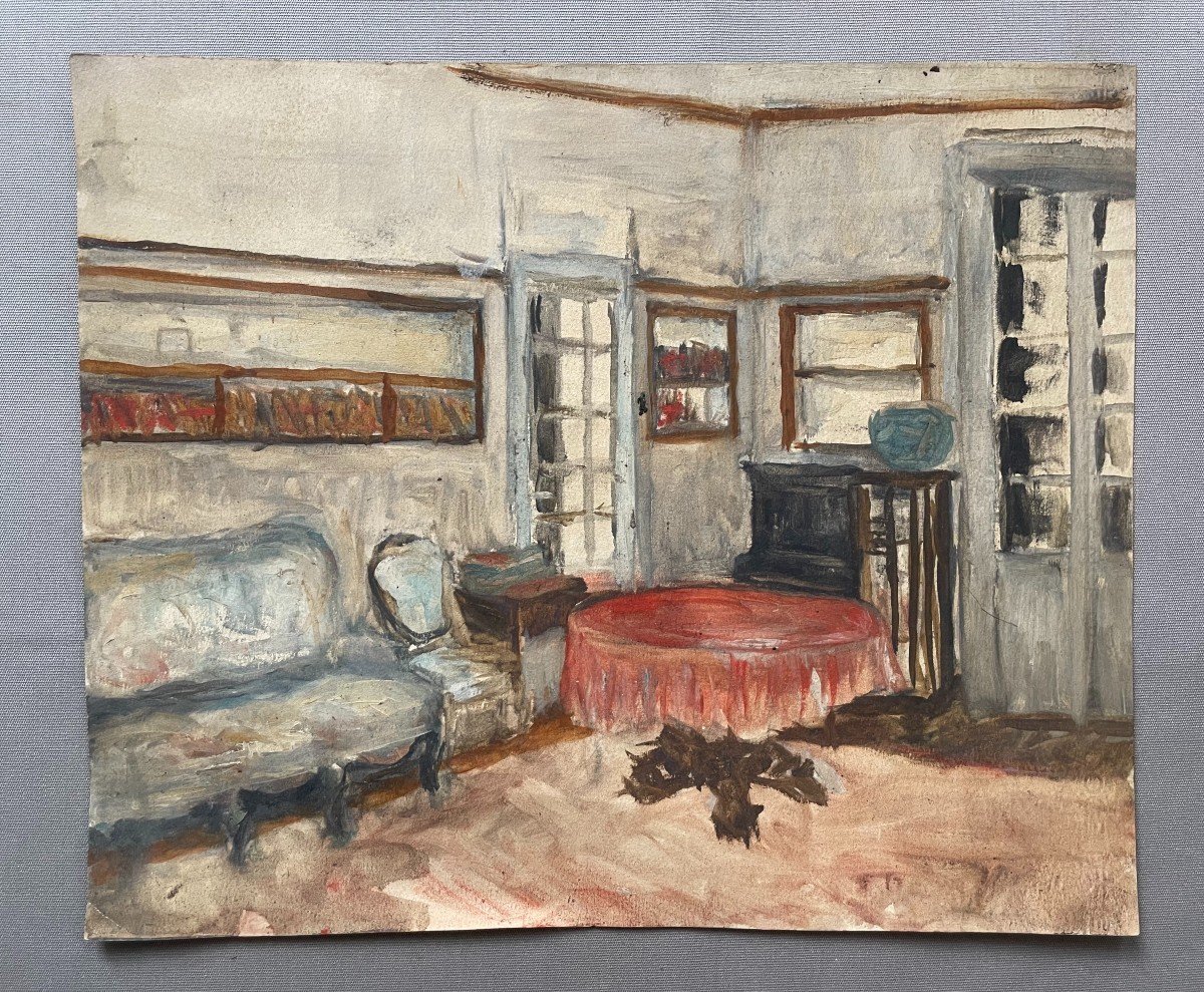 Living Room Interior, Gouache, Early 20th Century-photo-2