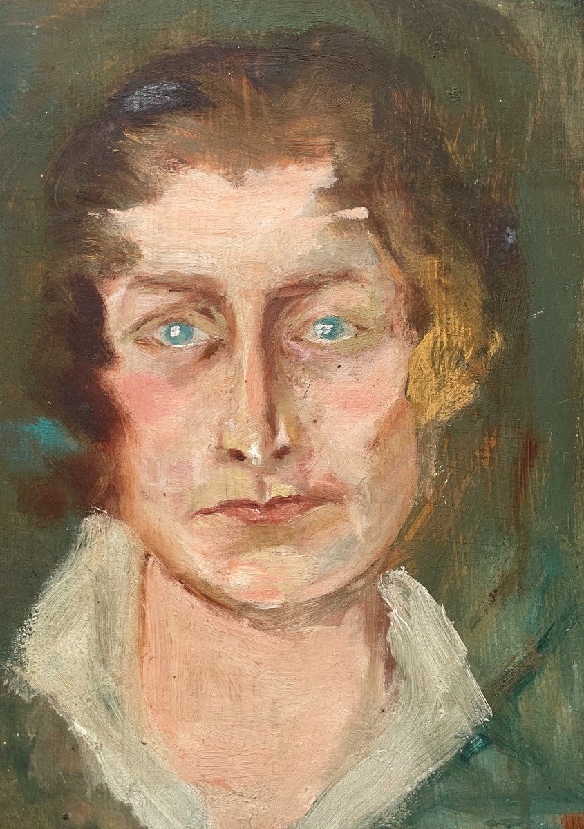 Portrait De Femme Aux Yeux Verts, Huile Sur Panneau, Début XXe