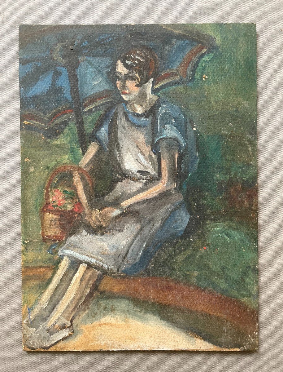 Femme Sous Un Parasol, Huile Sur Panneau, Début XXe-photo-2