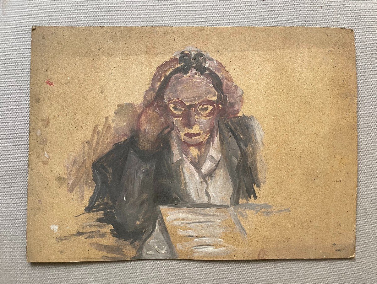 Woman Reading, Sketch, Gouache On Cardboard-photo-2