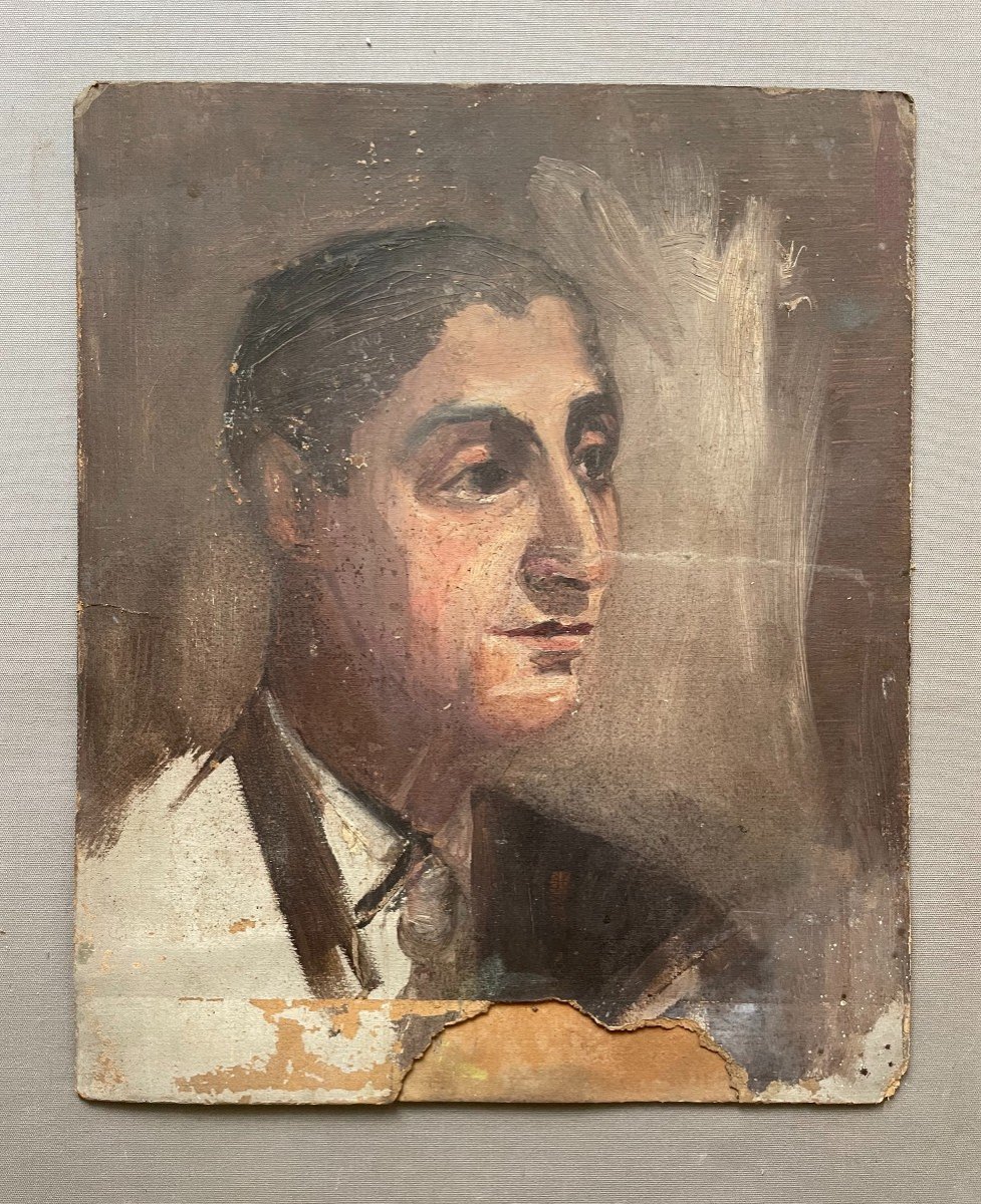 Portrait Of A Man, Oil On Cardboard To Be Restored-photo-2