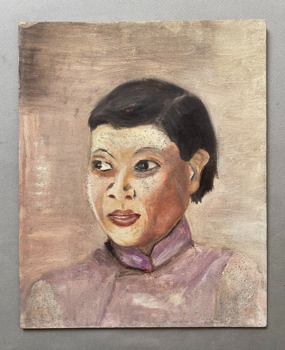 Portrait De Femme Asiatique, Huile Sur Carton Toilé-photo-2