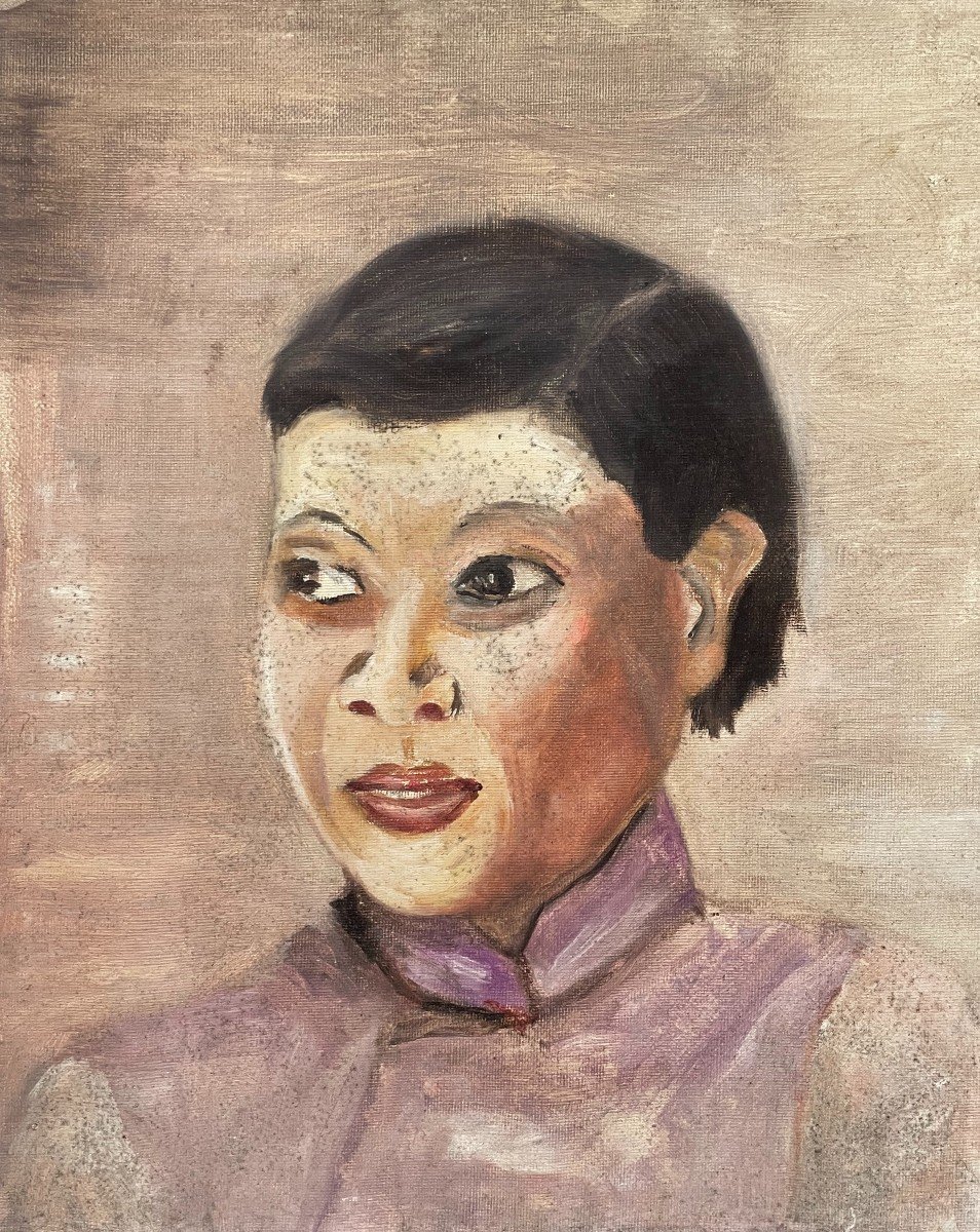 Portrait De Femme Asiatique, Huile Sur Carton Toilé