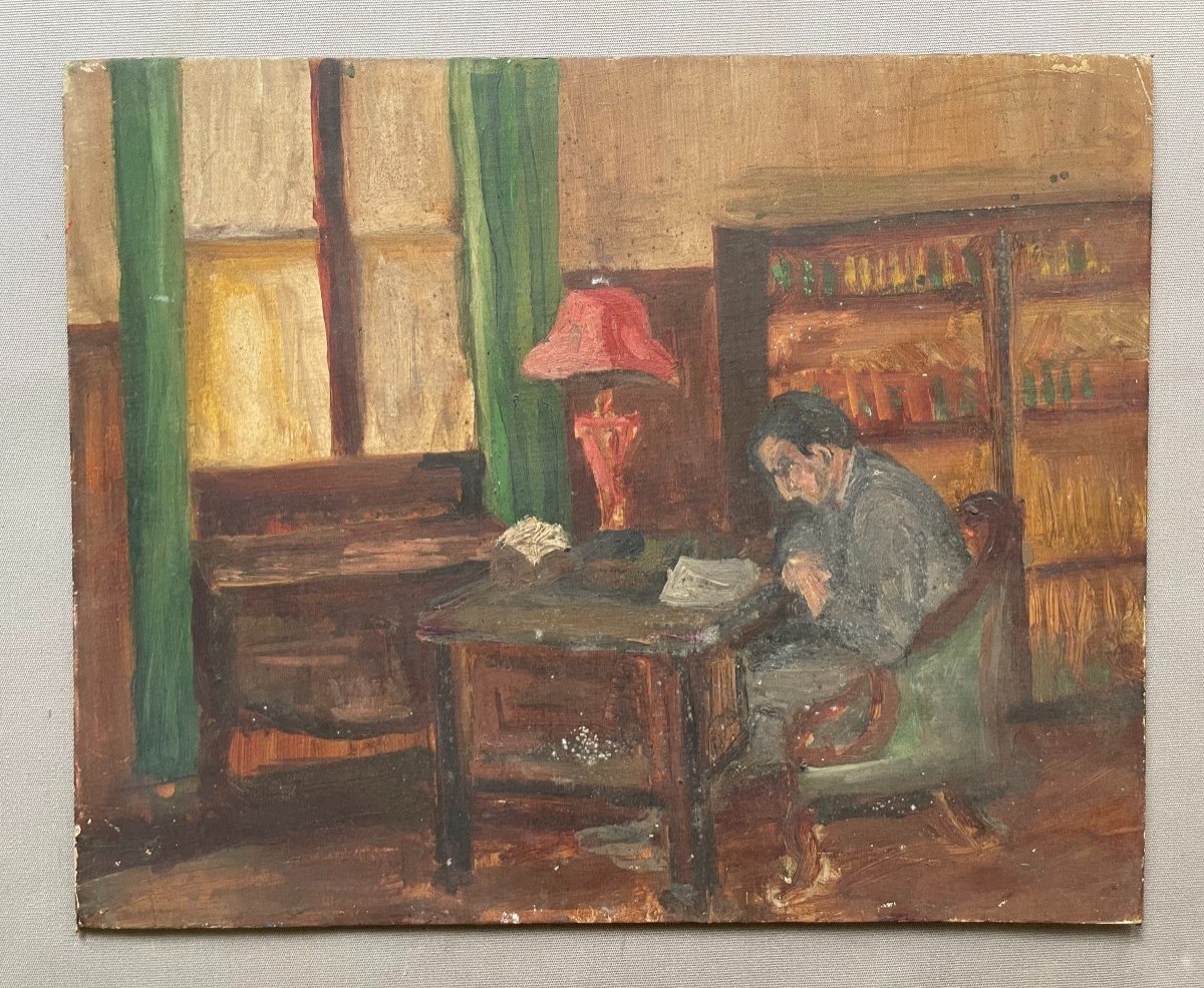 Man Sitting At His Desk, Oil On Canvas Board-photo-2