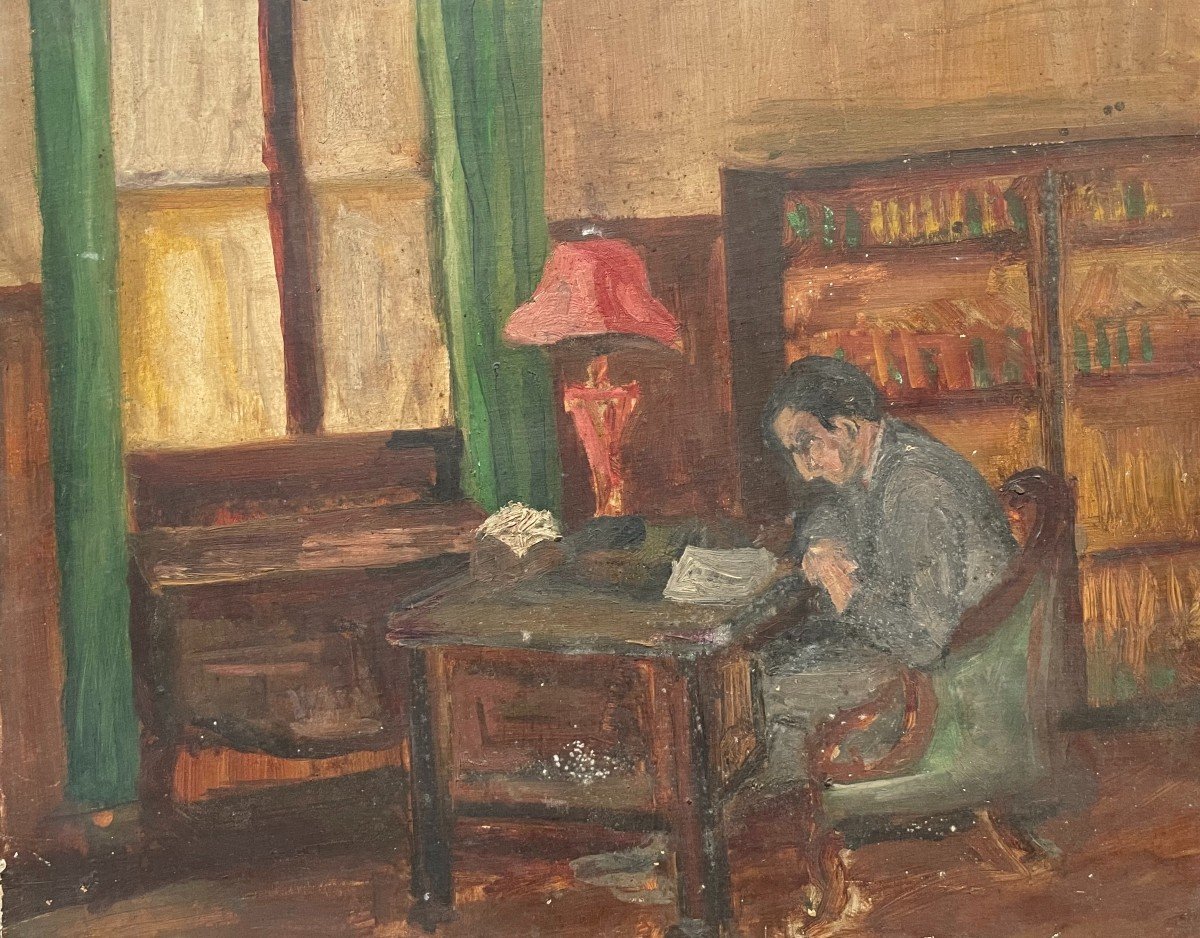 Man Sitting At His Desk, Oil On Canvas Board