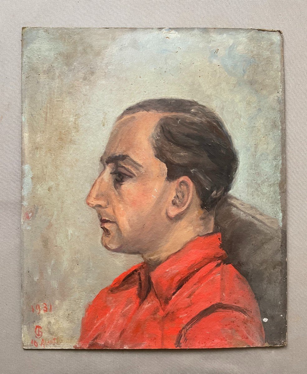 Man In Profile, Oil On Cardboard Monogrammed And Dated 1931-photo-2