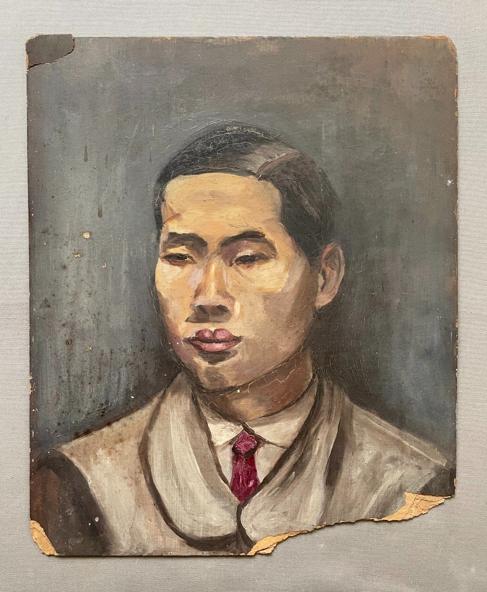 Portrait Of An Asian Man, Oil On Cardboard-photo-2