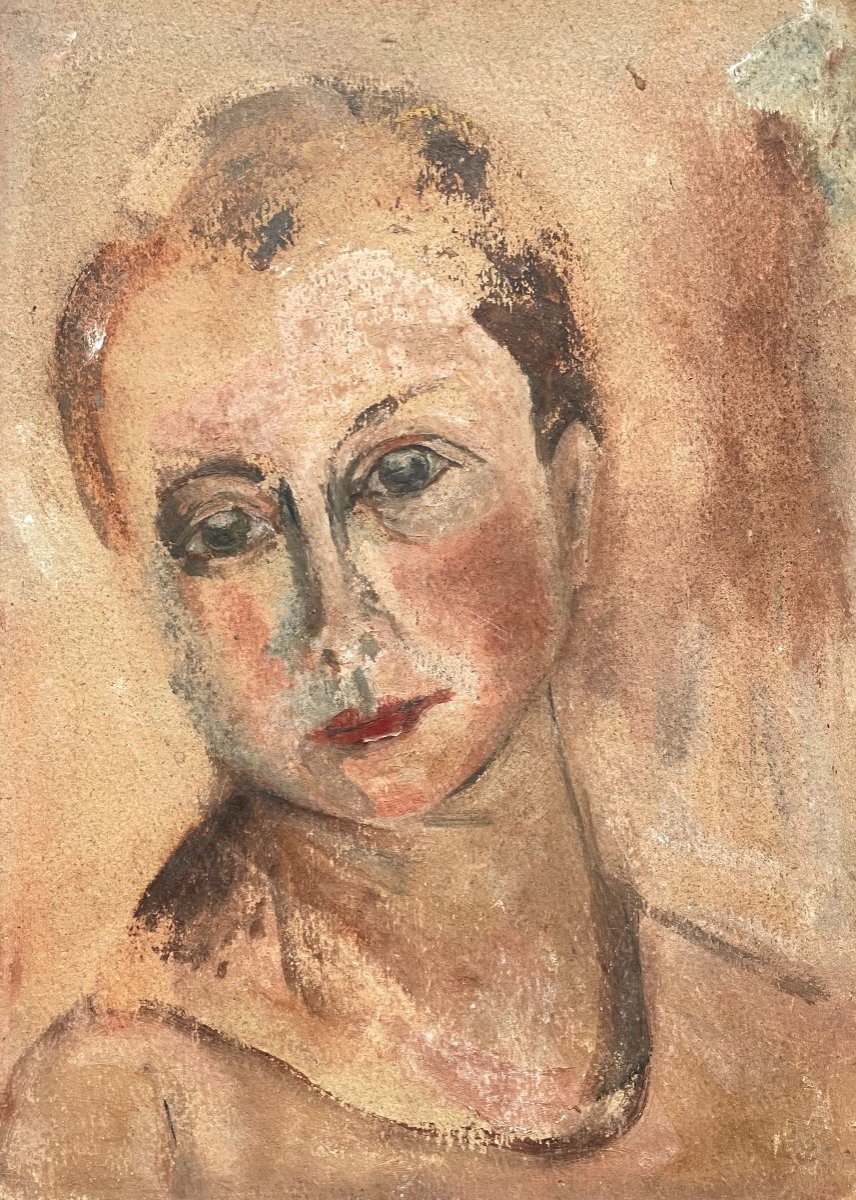 Portrait De Femme, Esquisse, Gouache Sur Carton