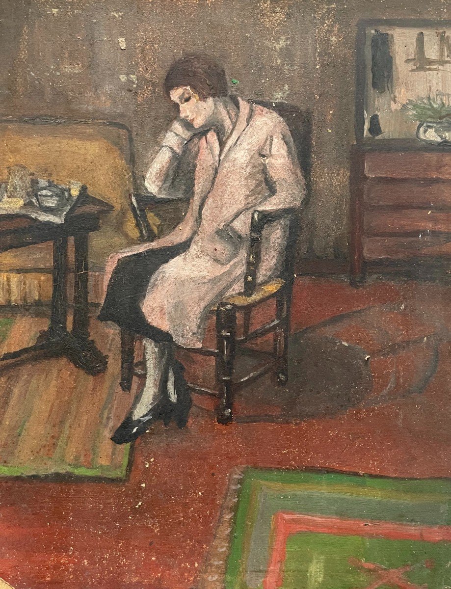 Femme Assoupie Sur Un Fauteuil, Huile Sur Carton Début XXe