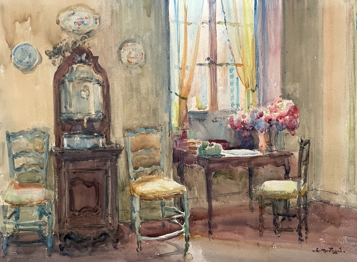 Intérieur, Aquarelle, Signature à Identifier