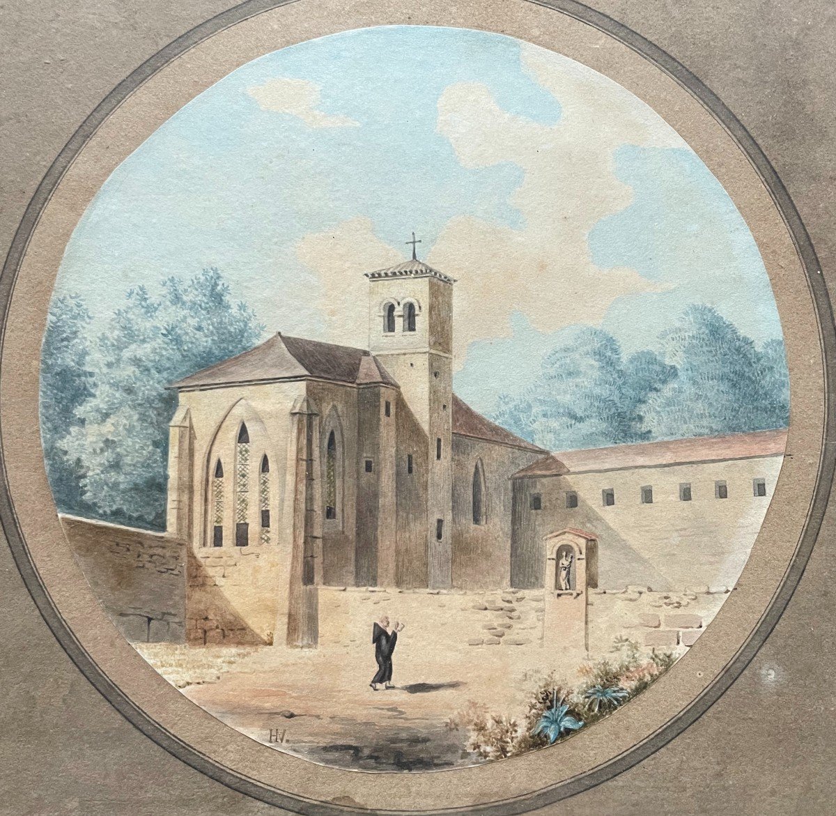 Religious In The Courtyard Of A Monastery, Watercolor, Monogram Hv-photo-2