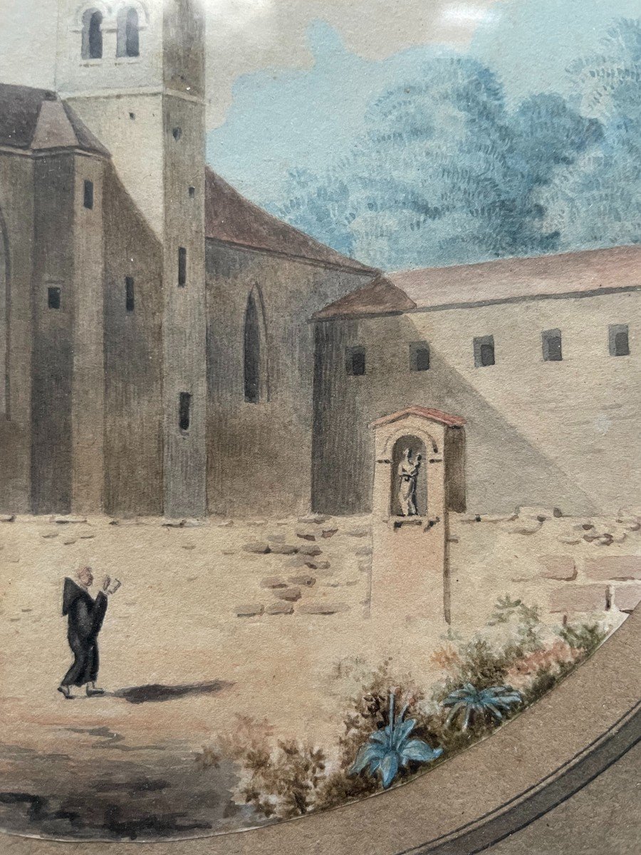 Religious In The Courtyard Of A Monastery, Watercolor, Monogram Hv-photo-4