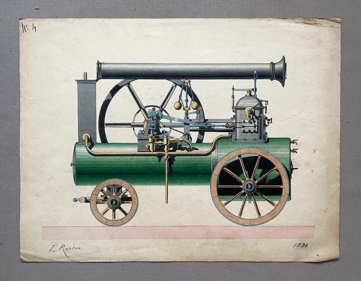 Locomotive, Dessin Aquarellé Signé L. Ropton 1894 -photo-2