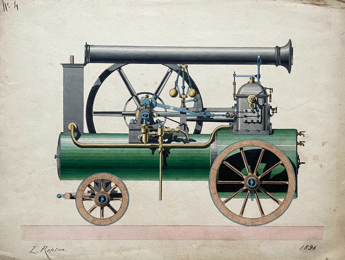 Locomotive, Dessin Aquarellé Signé L. Ropton 1894 