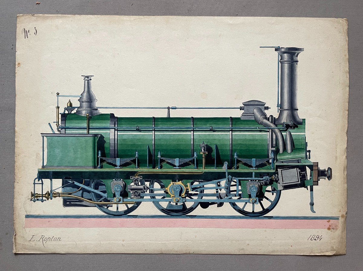 Locomotive, Dessin Aquarellé Signé L. Ropton 1894-photo-2