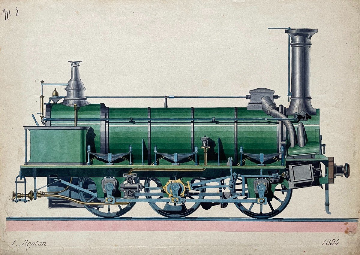 Locomotive, Dessin Aquarellé Signé L. Ropton 1894