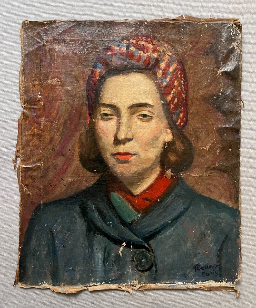 Portrait De Femme Au Turban, Huile Sur Toile à Restaurer-photo-2