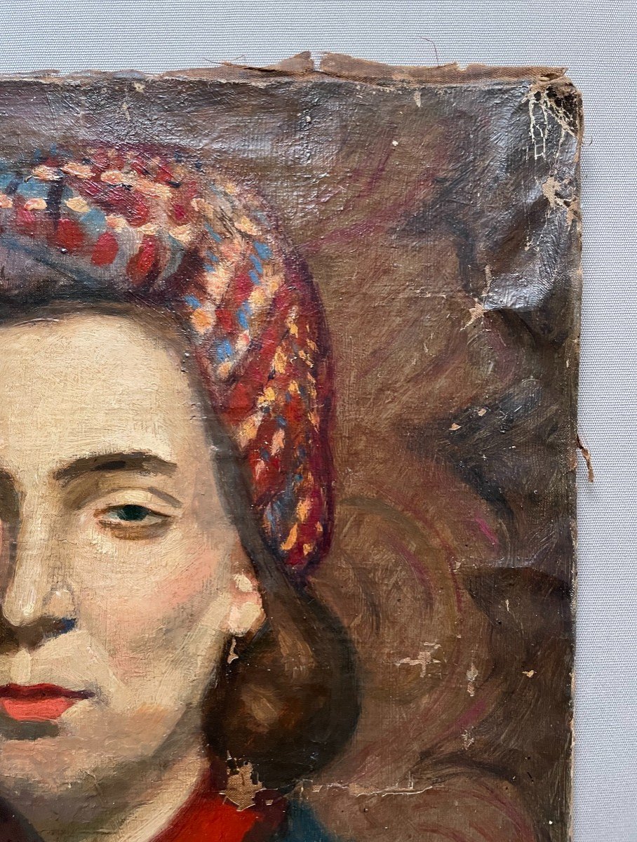 Portrait De Femme Au Turban, Huile Sur Toile à Restaurer-photo-1