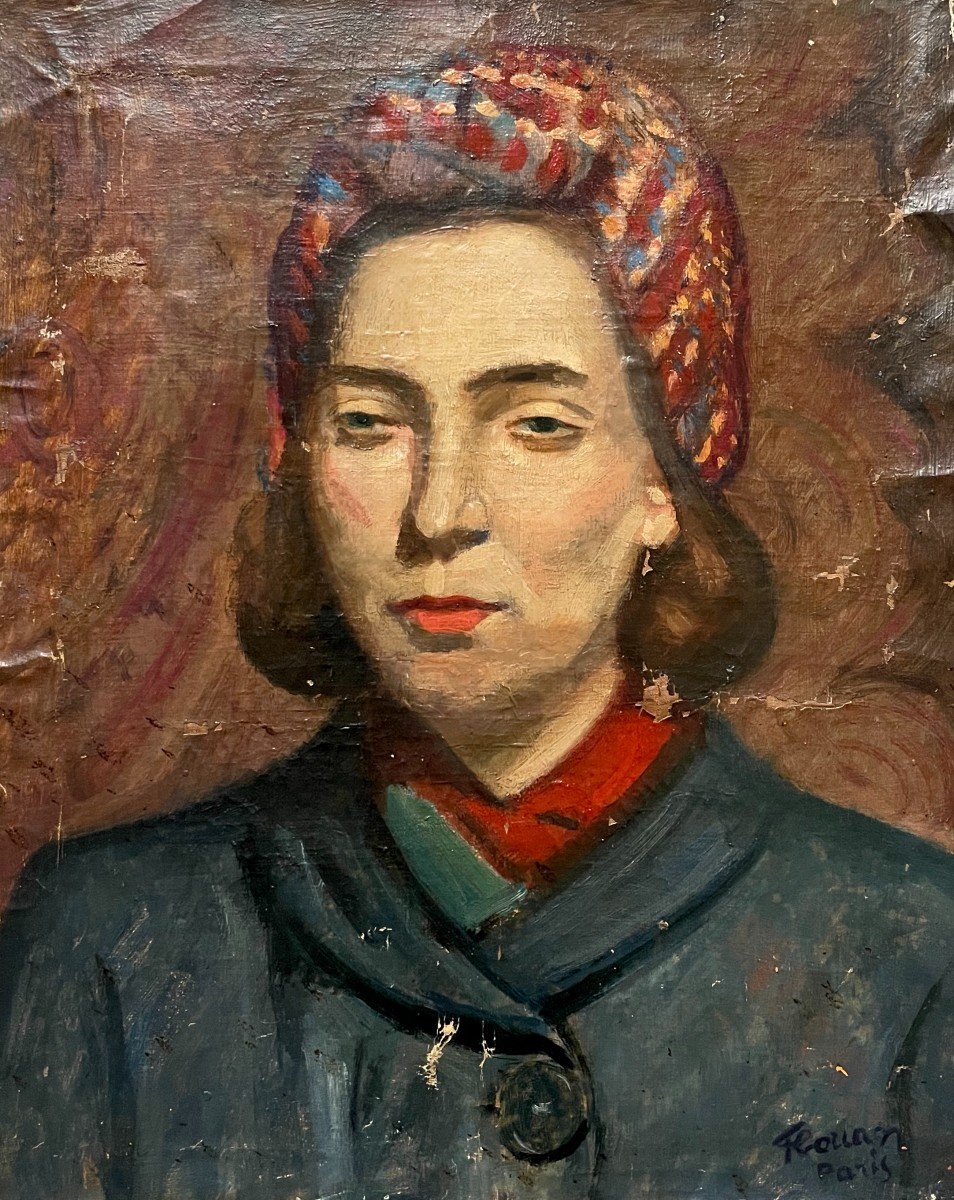 Portrait De Femme Au Turban, Huile Sur Toile à Restaurer