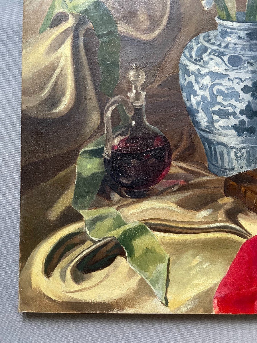 Still Life With Chinese Vase, Oil On Canvas, Signature To Be Identified-photo-3