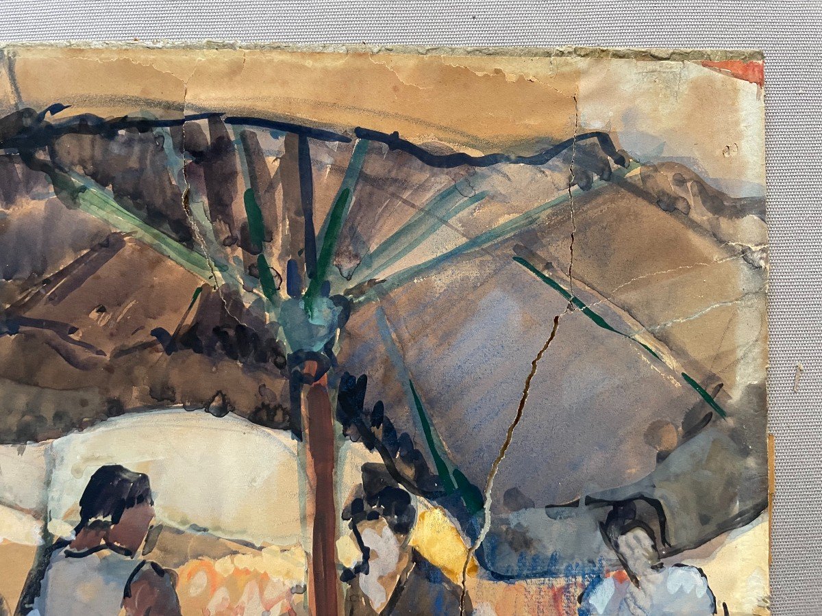 Scène De Marché, Ecole Indochinoise? Aquarelle, Signature à Déchiffrer-photo-1