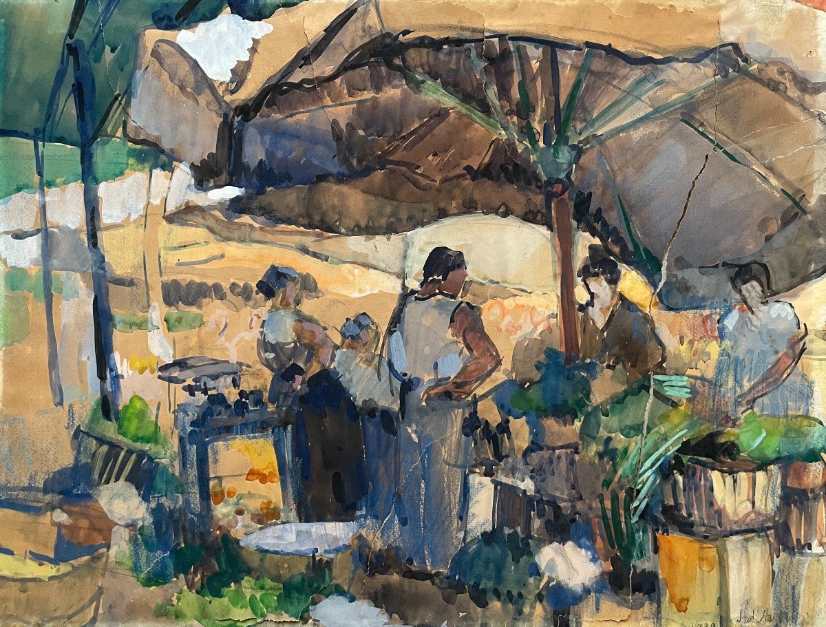 Scène De Marché, Ecole Indochinoise? Aquarelle, Signature à Déchiffrer