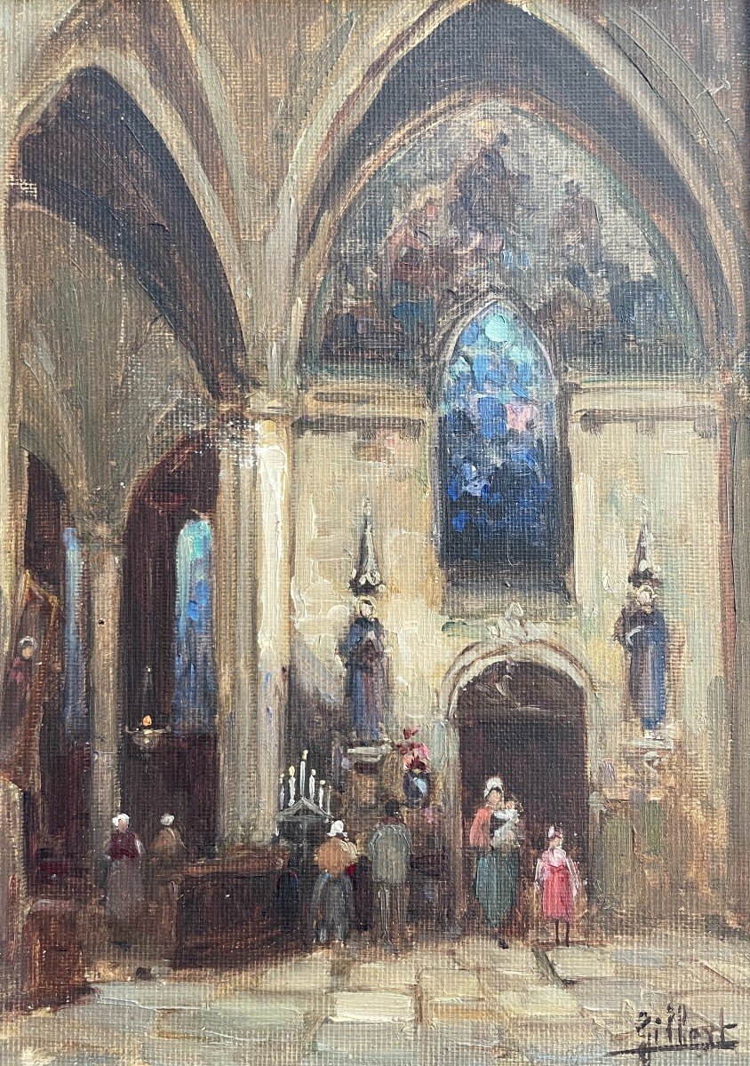 Intérieur d'église, Huile Sur Toile Signée Gilbert-photo-2