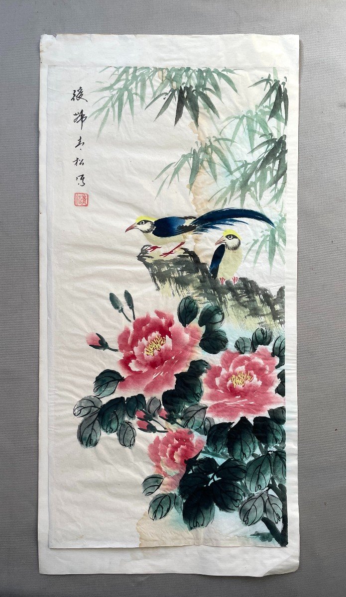 Oiseaux Branchés, Peinture Asiatique-photo-2