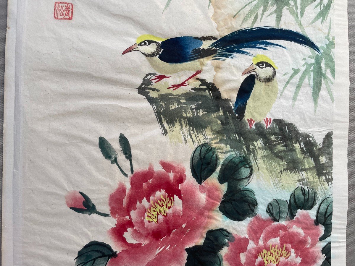 Oiseaux Branchés, Peinture Asiatique-photo-2