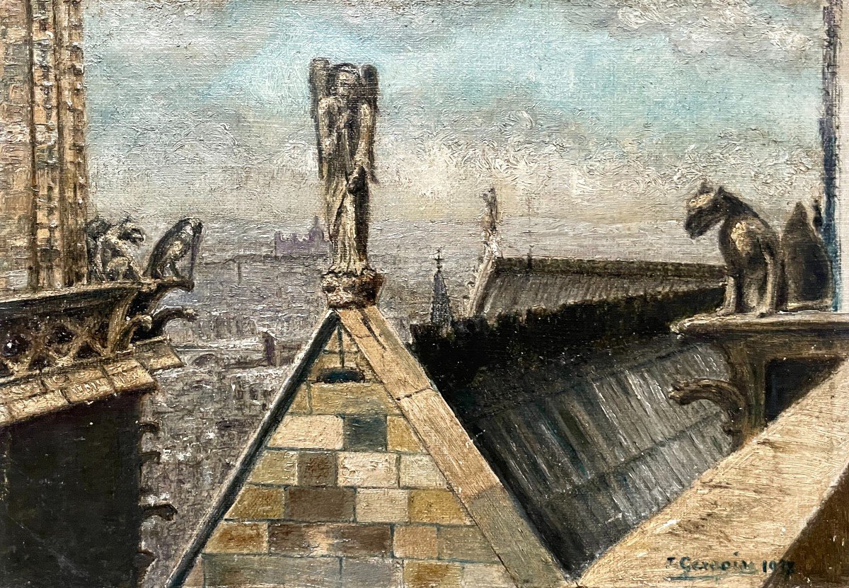 Vue Des Toits de Notre Dame, Huile Sur Toile 