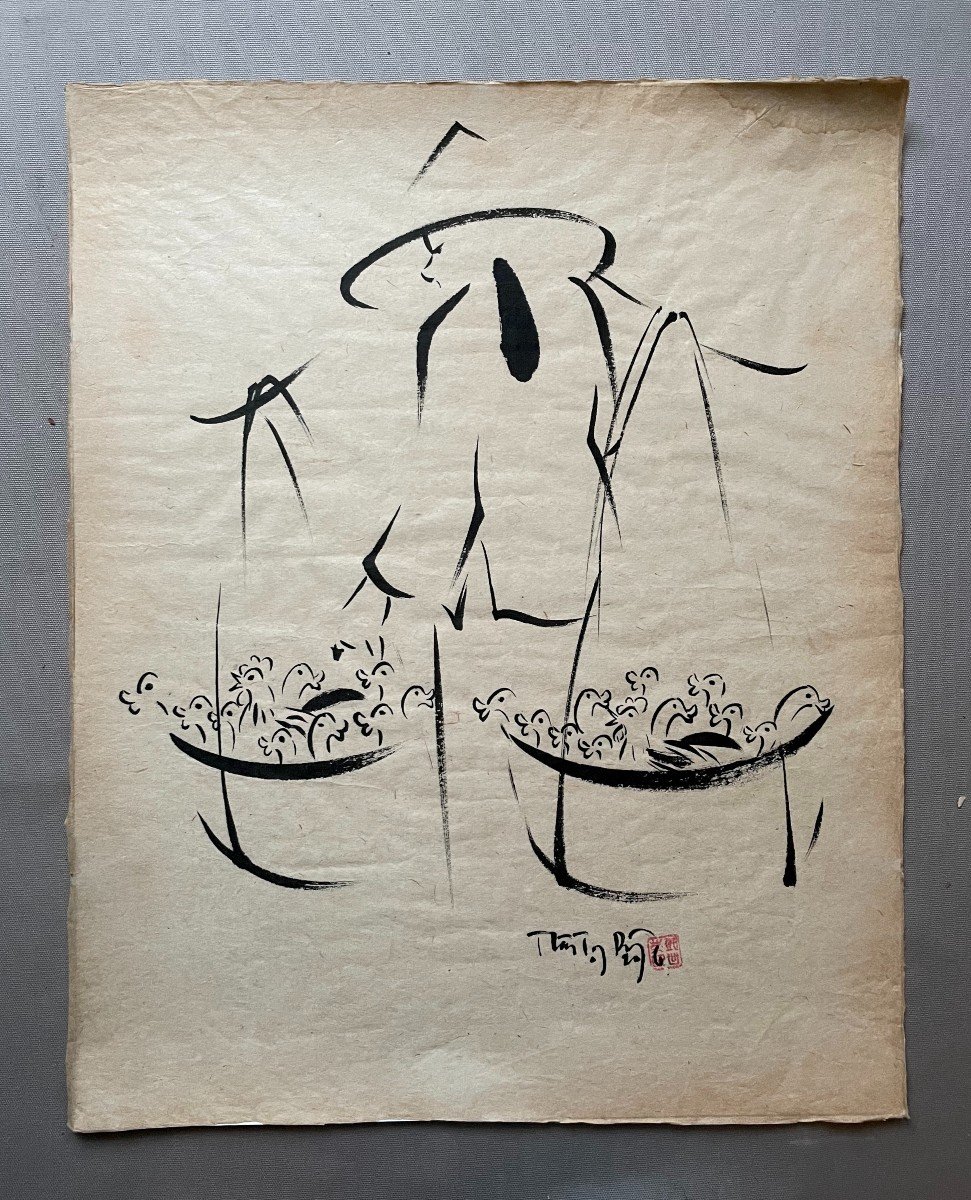 Dessin à l'Encre De Chine, Vietnam, Signature à Identifier-photo-2