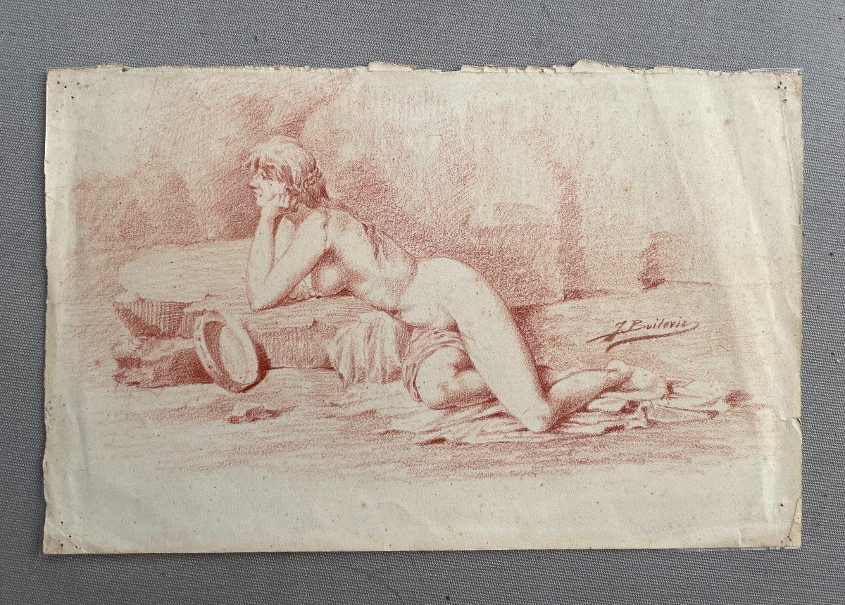 Nu Féminin, Dessin, Sanguine, Signature à Identifier-photo-2