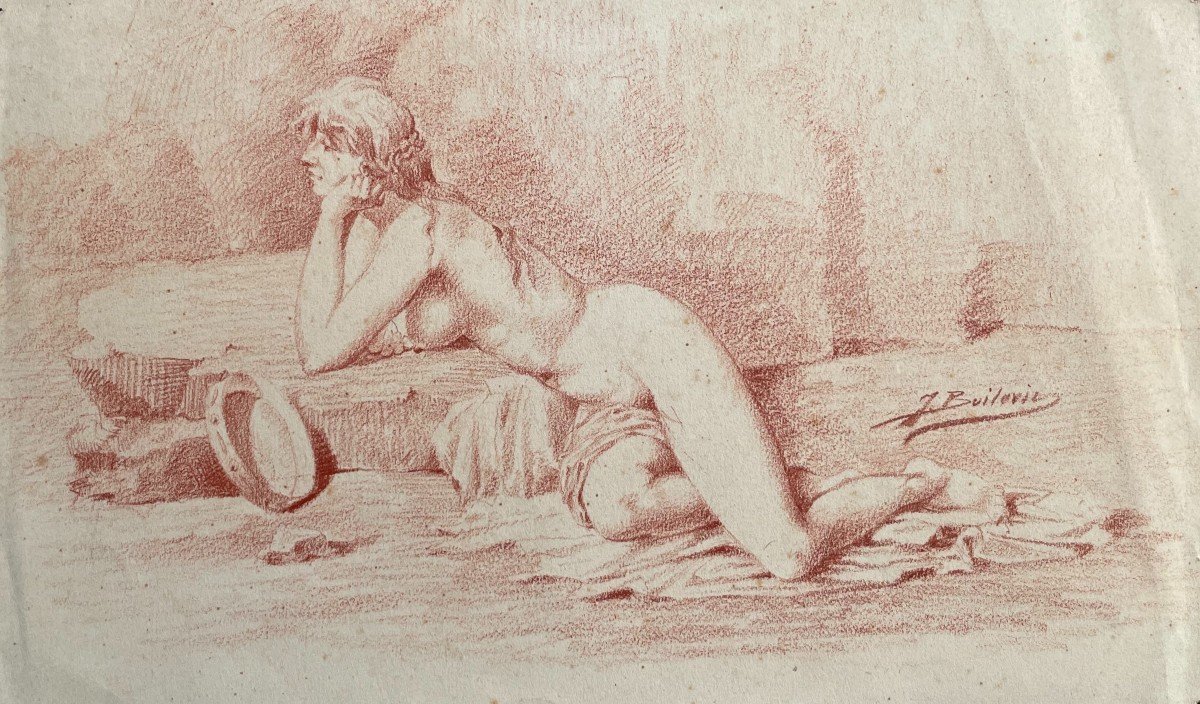 Nu Féminin, Dessin, Sanguine, Signature à Identifier