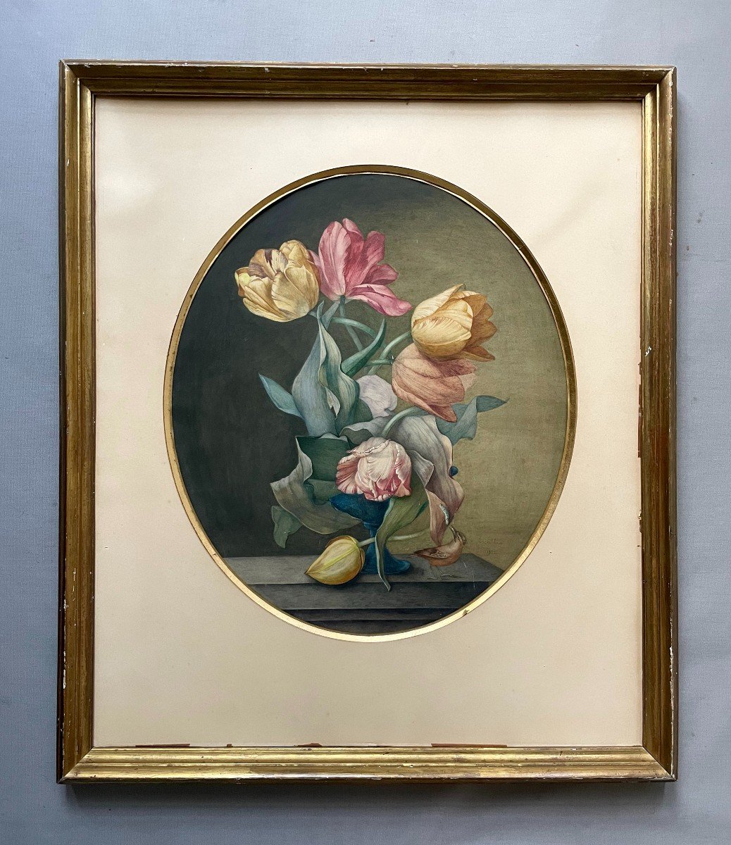 Bouquet Of Tulips, Bird And Caterpillar, Large 19th Century Watercolor, Signature To Identify-photo-2