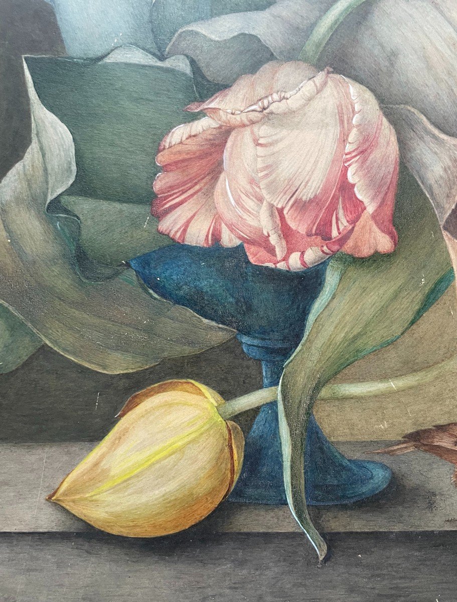 Bouquet Of Tulips, Bird And Caterpillar, Large 19th Century Watercolor, Signature To Identify-photo-3