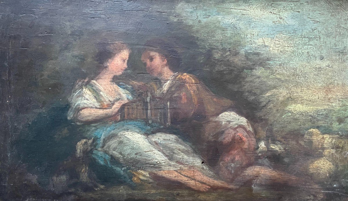 Romantic Scene, Oil On Panel, 19th Century-photo-2