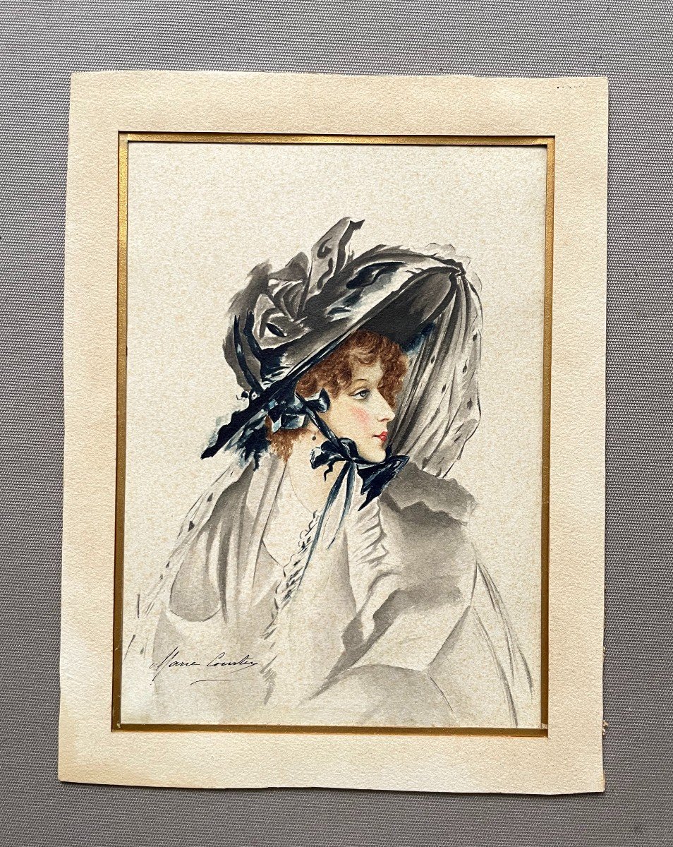 Elegant Woman With Hat, Watercolor Early 20th Century, Signature To Identify-photo-2