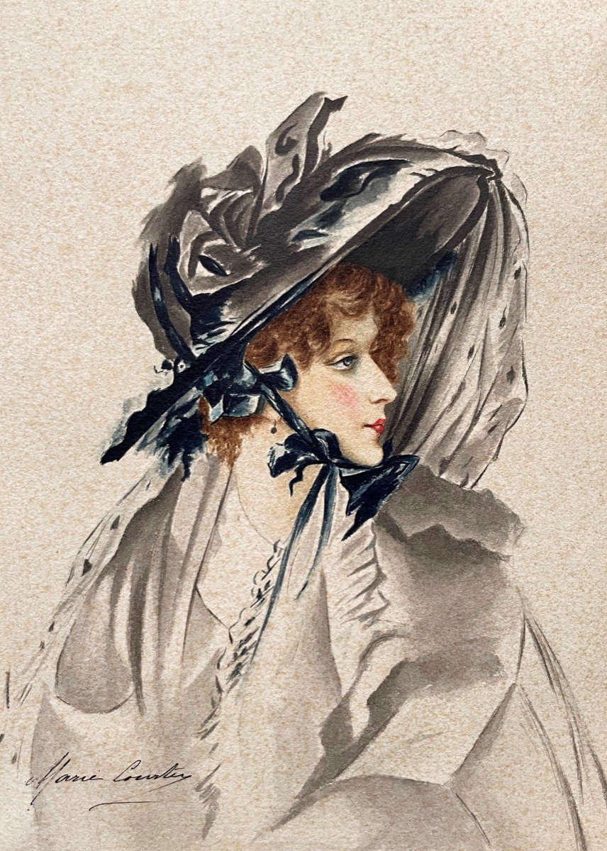 Elegant Woman With Hat, Watercolor Early 20th Century, Signature To Identify