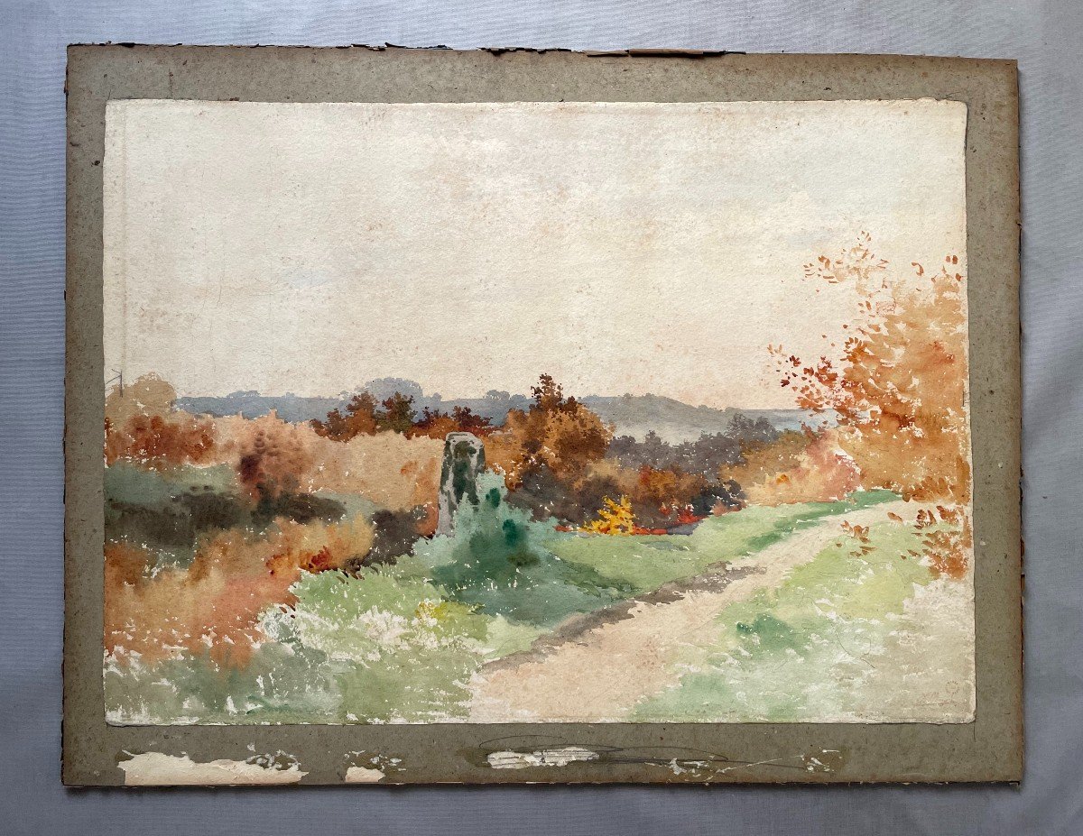 Auguste Allongé, Path In The Countryside, Watercolor, Large Format-photo-2